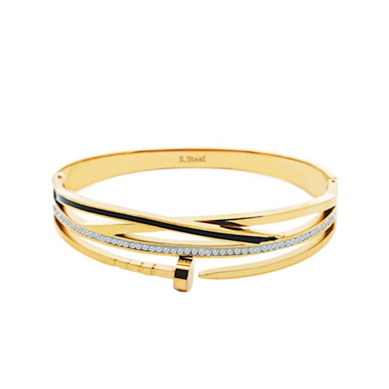 Bracelet manchette jonc doré style clou entrelacé à 4 rangs en acier inoxydable avec micro-pavage d'oxydes de zirconium et émail noir.