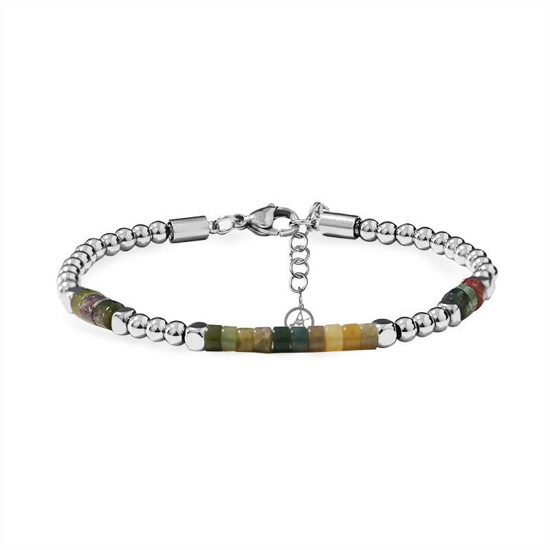 Bracelet fin pour homme en billes d'acier inoxydable argenté avec inserts de perles minérales plates multicolores vertes et ocres en jaspe et fermoir mousqueton ajustable.