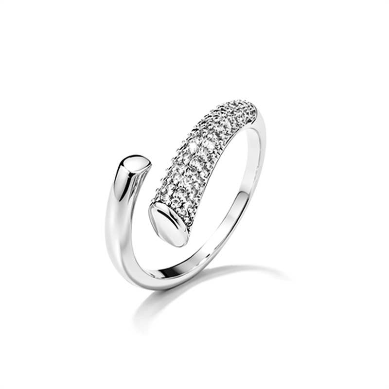 Bague ouverte ajustable en acier inoxydable argenté, design asymétrique croisé pavé de strass étincelants REF 262
