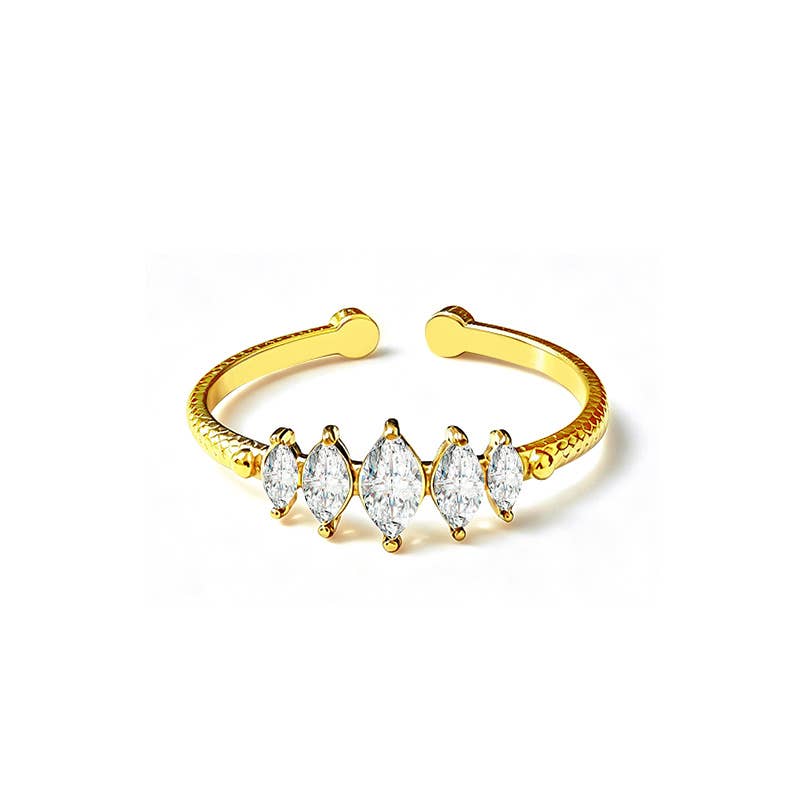 Bague ouverte ajustable avec cristaux taille marquise en acier inoxydable doré REF 283