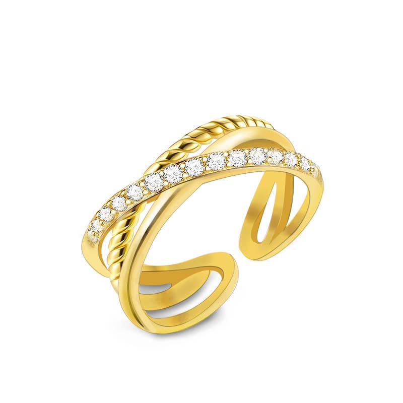 Bague ouverte ajustable croisée et torsadée en acier inoxydable doré pavée de strass REF 268.