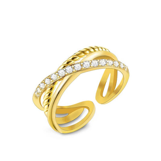 Bague ouverte ajustable croisée et torsadée en acier inoxydable doré pavée de strass REF 268.