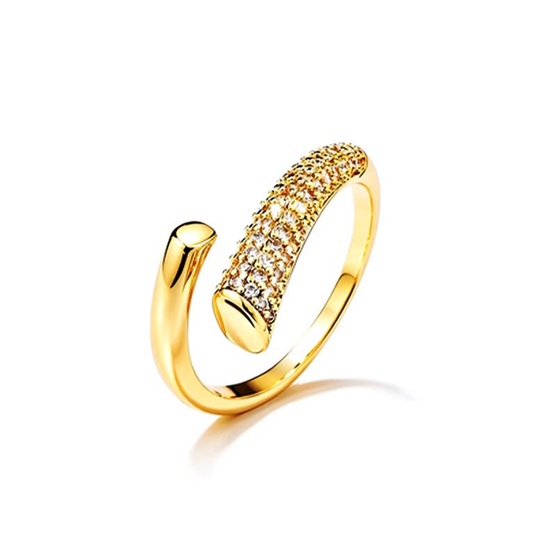 Bague ouverte ajustable en acier inoxydable doré, design asymétrique croisé pavé de strass étincelants REF 261.