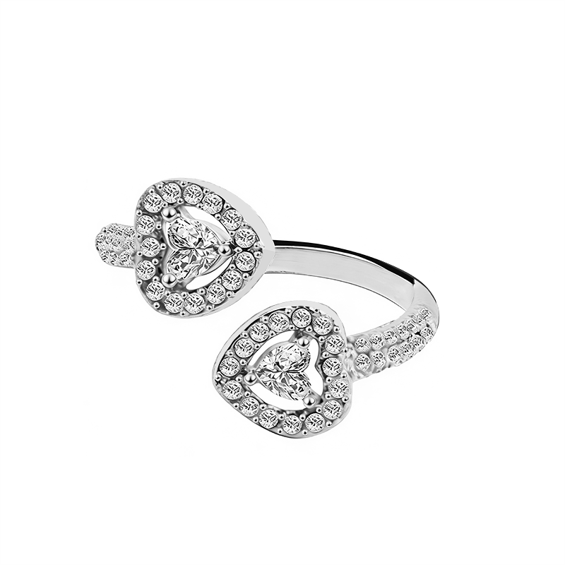 Bague ouverte ajustable motif double cœur en acier inoxydable argenté pavée de strass scintillants REF 277