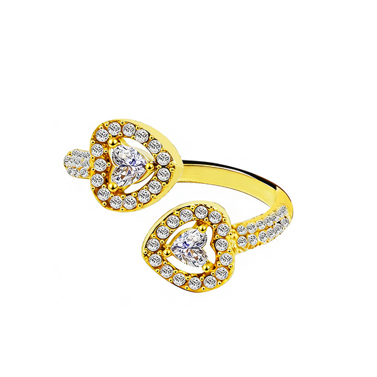 Bague ouverte ajustable motif double cœur en acier inoxydable doré pavée de strass scintillants REF 276.