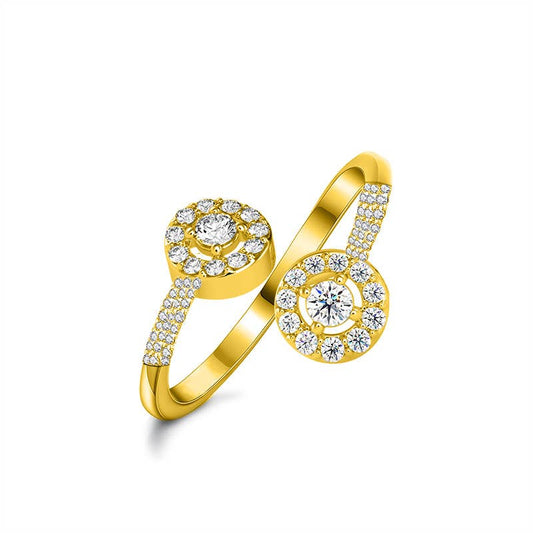 Bague ouverte ajustable en acier inoxydable doré, design double halo croisé pavé de strass scintillants REF 265