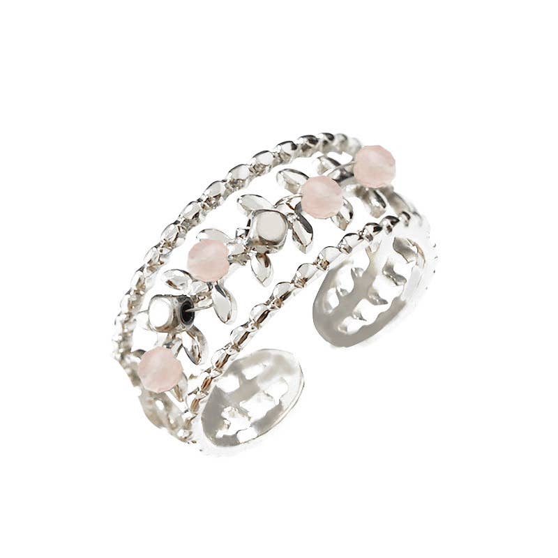 Bague ouverte ajustable fleurs et perles roses en acier inoxydable argenté REF 286.