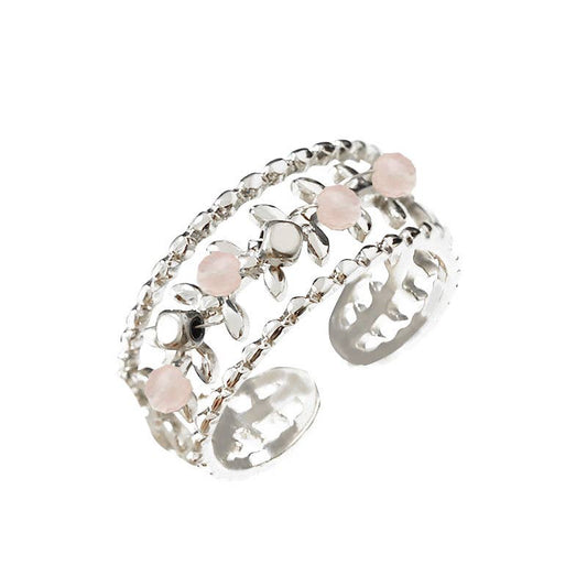 Bague ouverte ajustable fleurs et perles roses en acier inoxydable argenté REF 286.