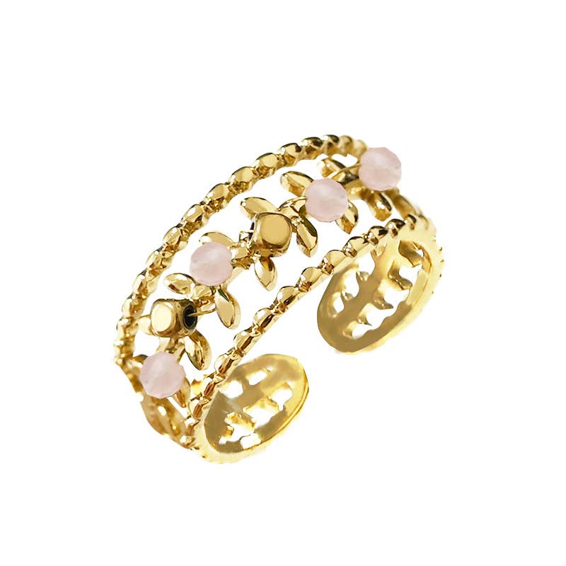 Bague ouverte ajustable fleurs et perles roses en acier inoxydable doré REF 287.
