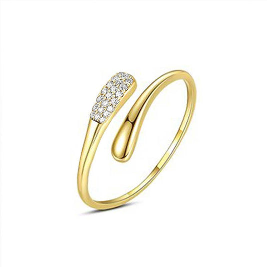 Bague ouverte ajustable fine motif goutte en acier inoxydable doré pavée de strass REF 273.