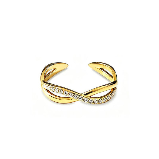 Bague ouverte ajustable motif infini croisé en acier inoxydable doré pavée de strass REF 272