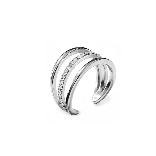 Bague ouverte ajustable triple rang en acier inoxydable argenté avec anneau central pavé de strass REF 266.