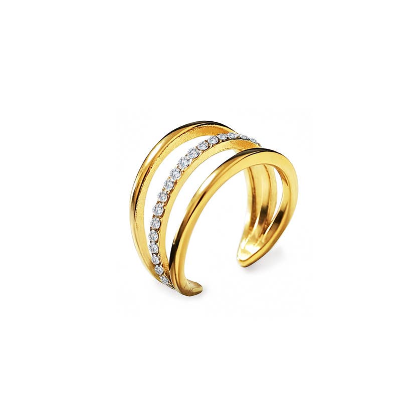 Bague ouverte ajustable triple rang en acier inoxydable doré avec anneau central pavé de strass REF 267.