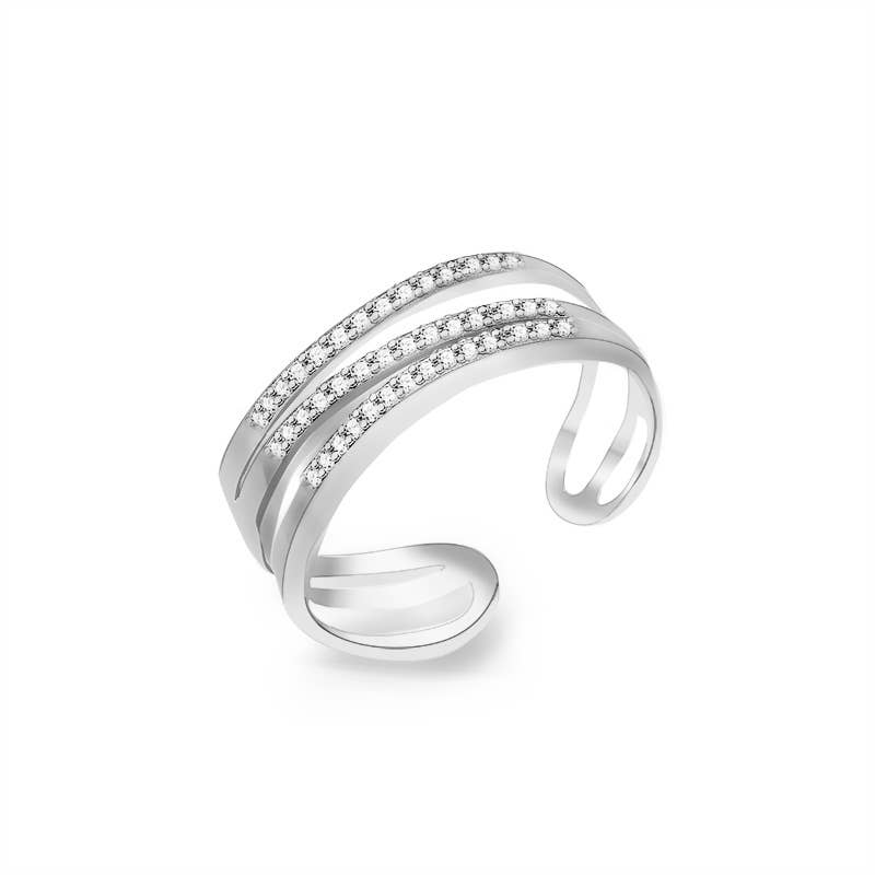 Bague ouverte ajustable triple rang en acier inoxydable argenté pavée de strass scintillants REF 275