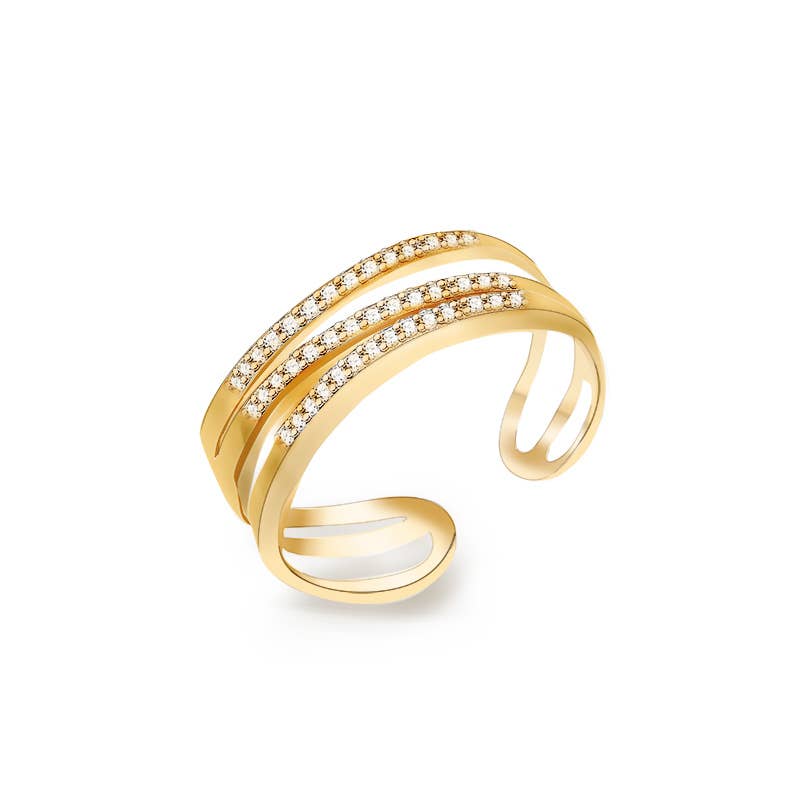 Bague ouverte ajustable triple rang en acier inoxydable doré pavée de strass scintillants REF 274