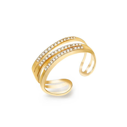 Bague ouverte ajustable triple rang en acier inoxydable doré pavée de strass scintillants REF 274