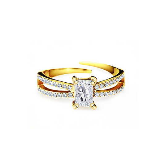 Bague ajustable solitaire en acier inoxydable doré ornée d'une pierre rectangulaire et d'un double rang de strass brillants REF 260
