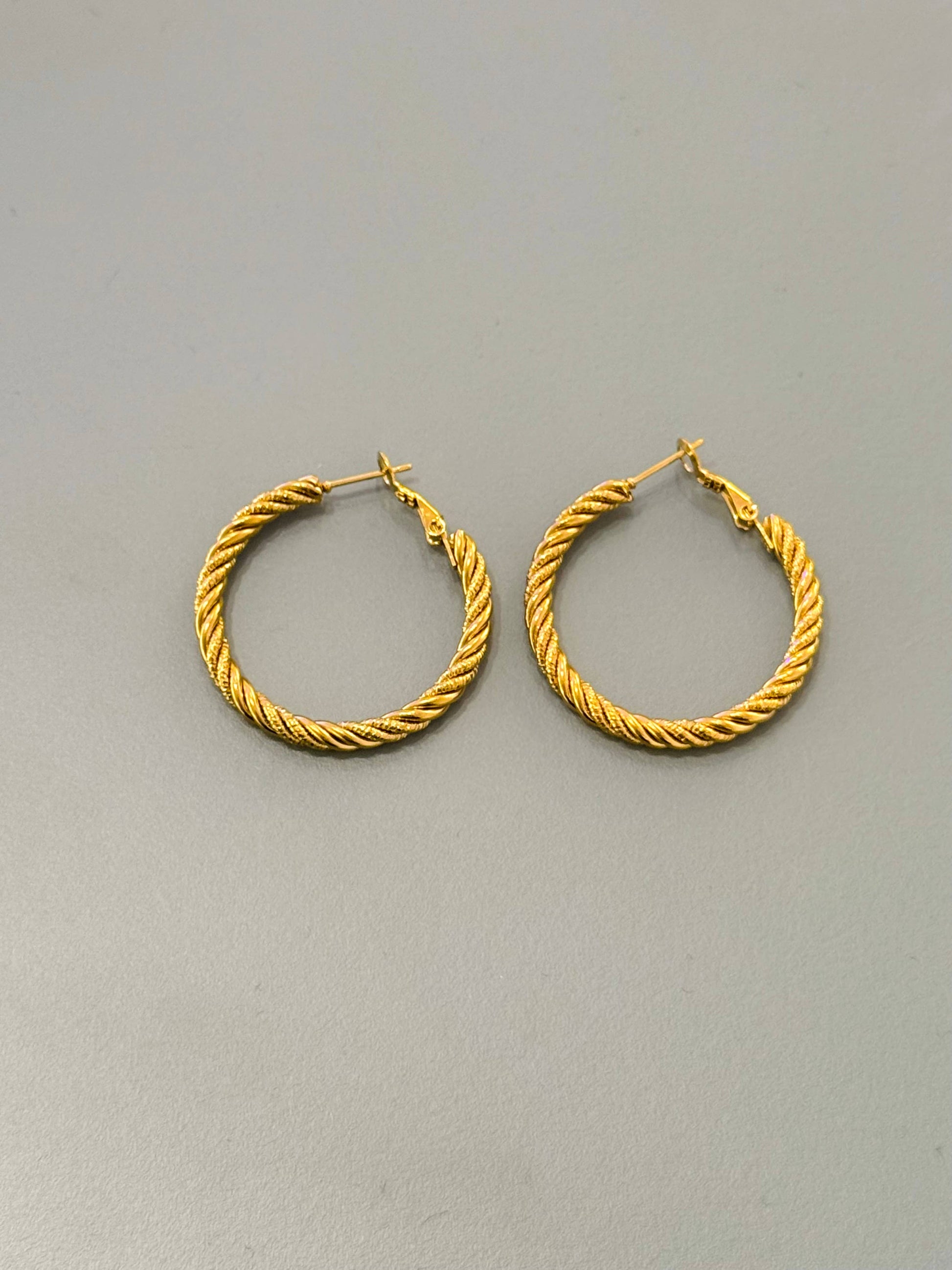 Paire de boucles d'oreilles de type créoles moyennes en acier inoxydable doré, avec un anneau au motif torsadé texturé effet corde et un fermoir à charnière articulé, présentées de face sur un fond gris épuré.