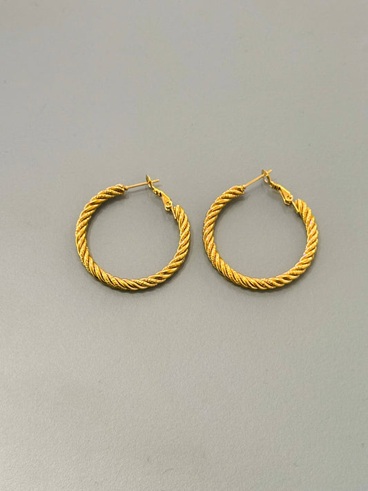 Paire de boucles d'oreilles de type créoles moyennes en acier inoxydable doré, avec un anneau au motif torsadé texturé effet corde et un fermoir à charnière articulé, présentées de face sur un fond gris épuré.