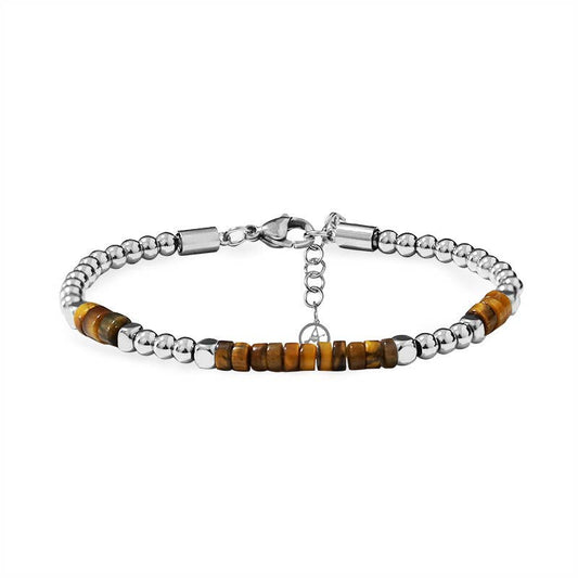 Bracelet fin pour homme en billes d'acier inoxydable argenté avec inserts de perles minérales plates marron en œil de tigre et fermoir mousqueton ajustable.