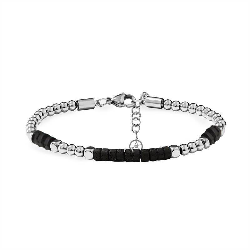 Bracelet fin pour homme en billes d'acier inoxydable argenté avec inserts de perles minérales plates noires en pierre de lave et fermoir mousqueton ajustable.