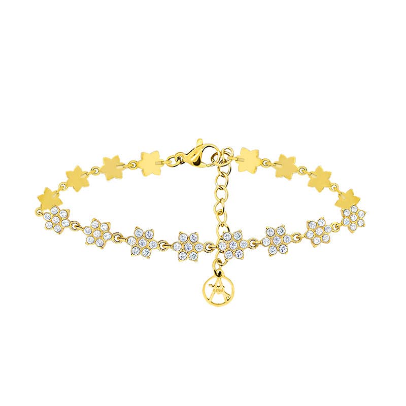 Bracelet doré articulé composé d'une suite de maillons en forme de fleurs sertis de cristaux blancs transparents et brillants, présenté de face sur fond blanc.