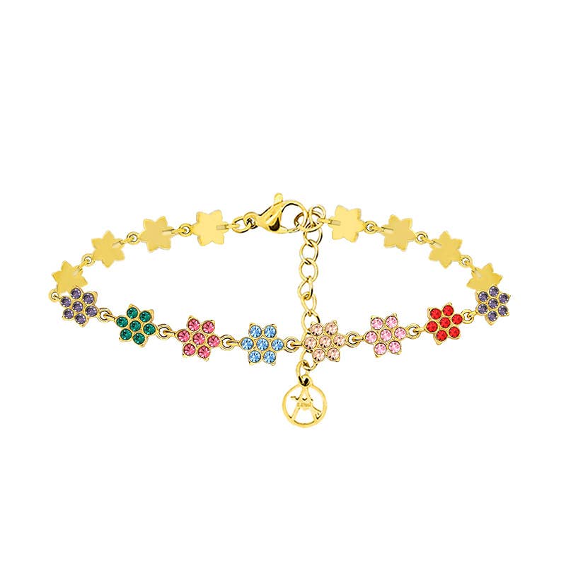 Bracelet doré articulé composé d'une suite de maillons en forme de fleurs sertis de cristaux multicolores (violet, vert, rose, bleu, rouge), présenté de face sur fond blanc.