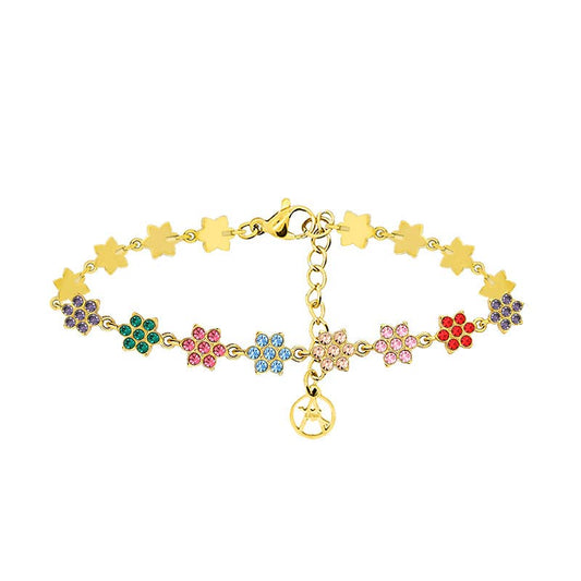 Bracelet doré articulé composé d'une suite de maillons en forme de fleurs sertis de cristaux multicolores (violet, vert, rose, bleu, rouge), présenté de face sur fond blanc.