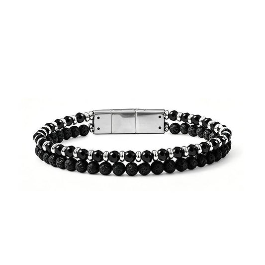 Bracelet double rang pour homme composé d'un rang supérieur de perles noires facettées avec intercalaires argentés et d'un rang inférieur de perles de lave noires poreuses, fermé par un fermoir magnétique en acier.