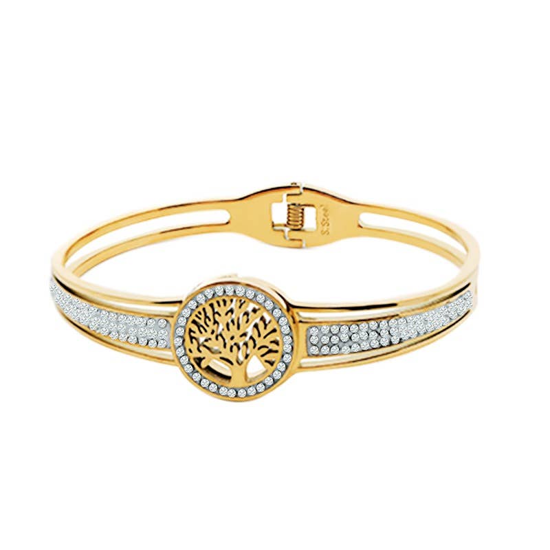 Bracelet jonc rigide doré pour femme en acier inoxydable avec motif central médaillon arbre de vie ajouré et pavage de cristaux strass étincelants.