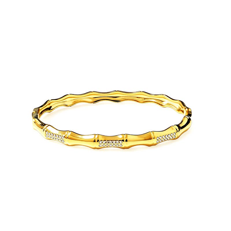 Bracelet jonc effet bambou en acier inoxydable doré pavé de strass scintillants REF 289.
