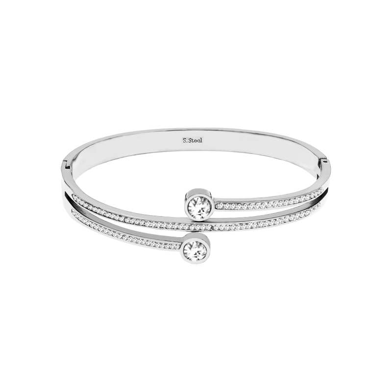 Bracelet jonc ouvert style torque argenté à charnière en acier avec double rangée d'oxydes de zirconium clairs.