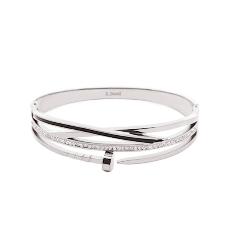 Bracelet jonc rigide argenté multi-rangs pour femme en acier inoxydable avec motif clou, ligne émaillée noire et rangée de strass clairs.