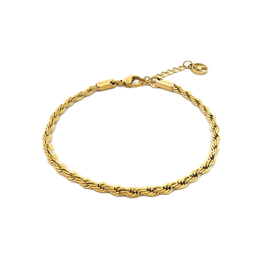Bracelet doré pour femme en acier inoxydable avec maille corde torsadée, fermoir mousqueton et chaînette de réglage avec médaille.
