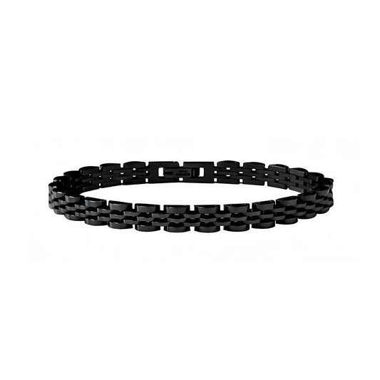 Bracelet pour homme en acier inoxydable noir mat composé de plusieurs rangs de petits maillons articulés de style horloger, fermé par un clapet invisible, présenté sur fond blanc.