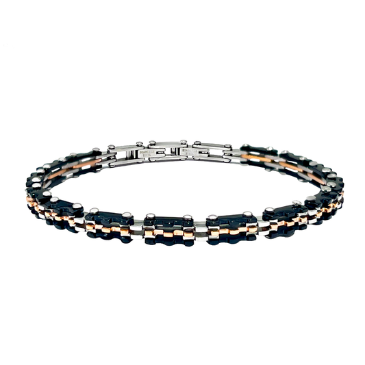 Bracelet articulé pour homme en acier inoxydable au style mécanique, combinant des maillons argentés polis, des éléments crantés noirs et une chaîne centrale dorée rose, doté d'un fermoir à cliquet.