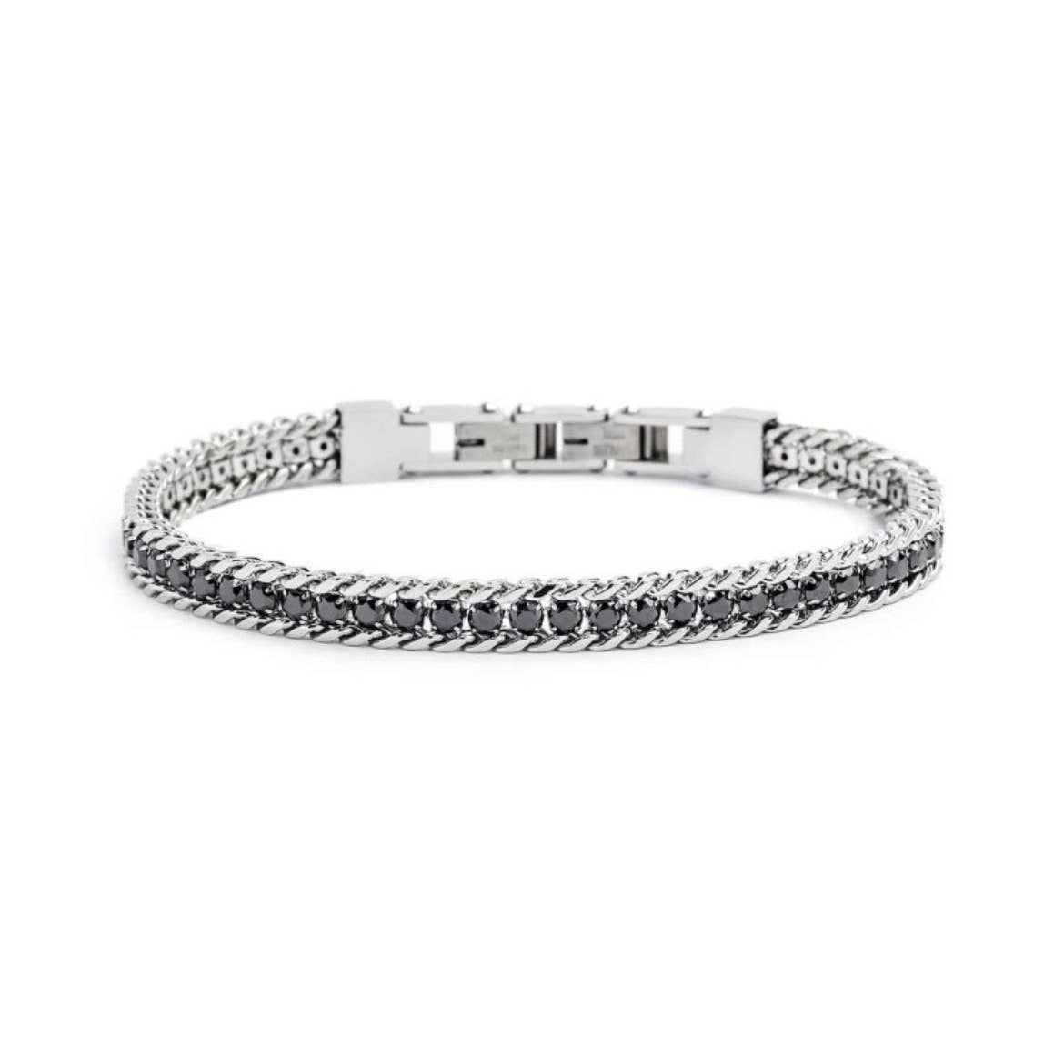 Bracelet en acier inoxydable argenté pour homme et femme avec maille gourmette tressée et rivière centrale de cristaux noirs brillants.