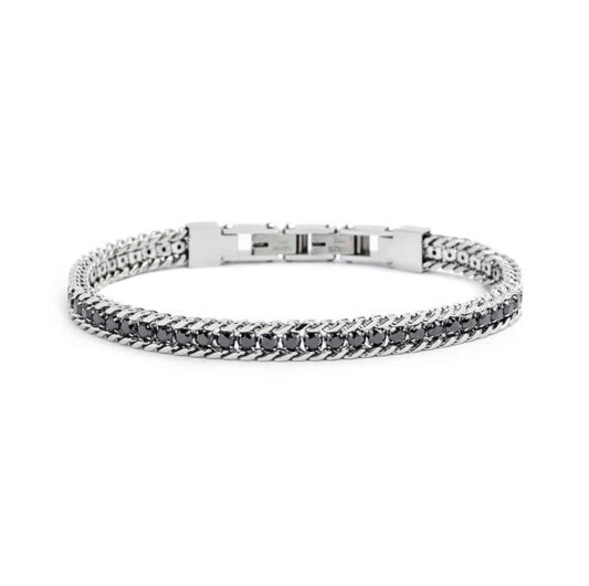 Bracelet en acier inoxydable argenté pour homme et femme avec maille gourmette tressée et rivière centrale de cristaux noirs brillants.