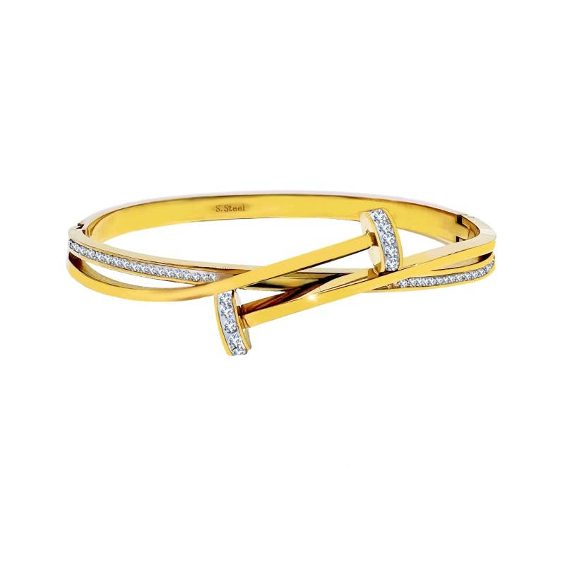 Bracelet jonc rigide doré pour femme en acier inoxydable, design double clou entrelacé serti de lignes de cristaux blancs scintillants.