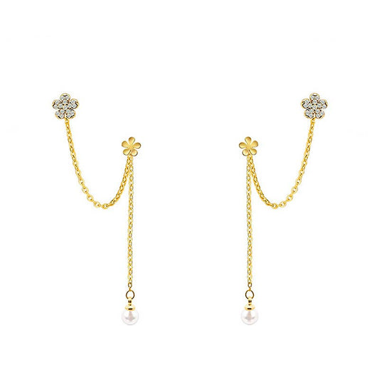 Boucles d'oreilles à double perçage avec chaîne et fleurs en zircone