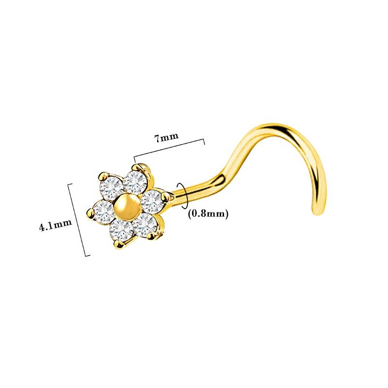 Piercing de nez courbé en acier chirurgical doré avec motif petite fleur en cristaux blancs scintillants-dimensions.