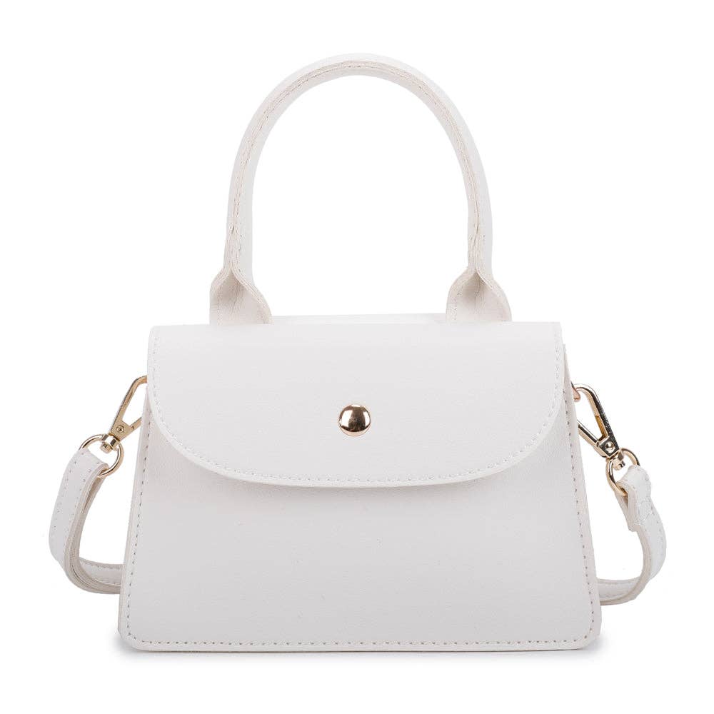 Sac à Main La Céleste REF 161 - Mini sac à main trapèze pour femme en similicuir lisse blanc avec rabat arrondi, bouton-pression doré, anse rigide et bandoulière.