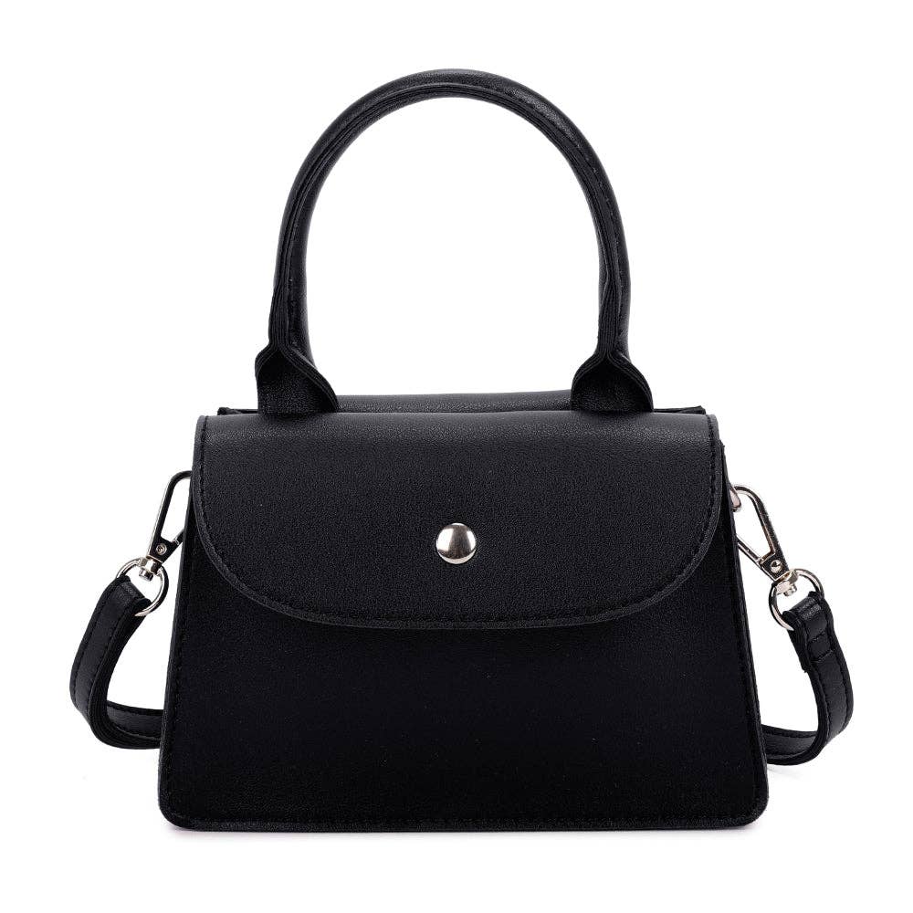 Sac à Main La Céleste REF 160 - Mini sac à main trapèze pour femme en similicuir lisse noir avec rabat arrondi, bouton-pression argenté, anse rigide et bandoulière.