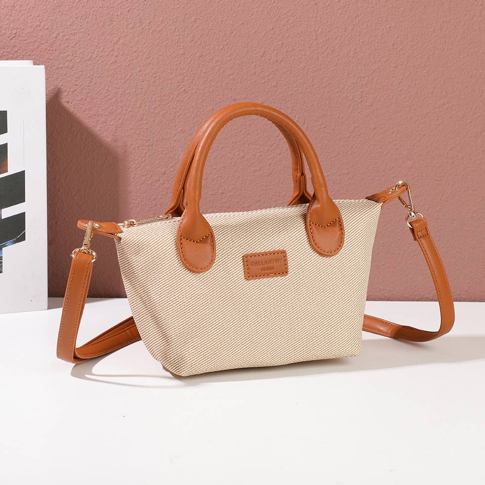 Sac à Main Le Soléa REF 154 - Mini sac cabas pour femme Gallantry en toile tissée beige naturel et finitions en similicuir marron camel avec anses et bandoulière.