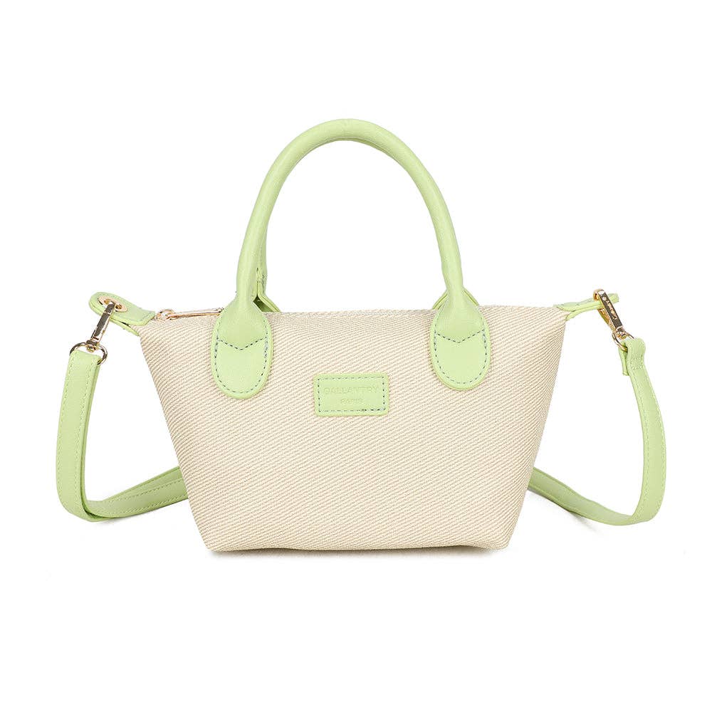 Sac à Main Le Soléa REF 152 - Mini sac cabas pour femme Gallantry en toile tissée beige et similicuir vert amande pastel avec anses et bandoulière.
