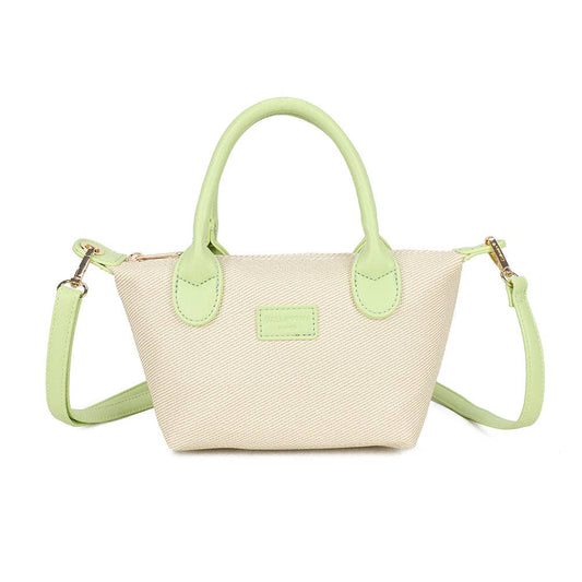 Sac à Main Le Soléa REF 152 - Mini sac cabas pour femme Gallantry en toile tissée beige et similicuir vert amande pastel avec anses et bandoulière.