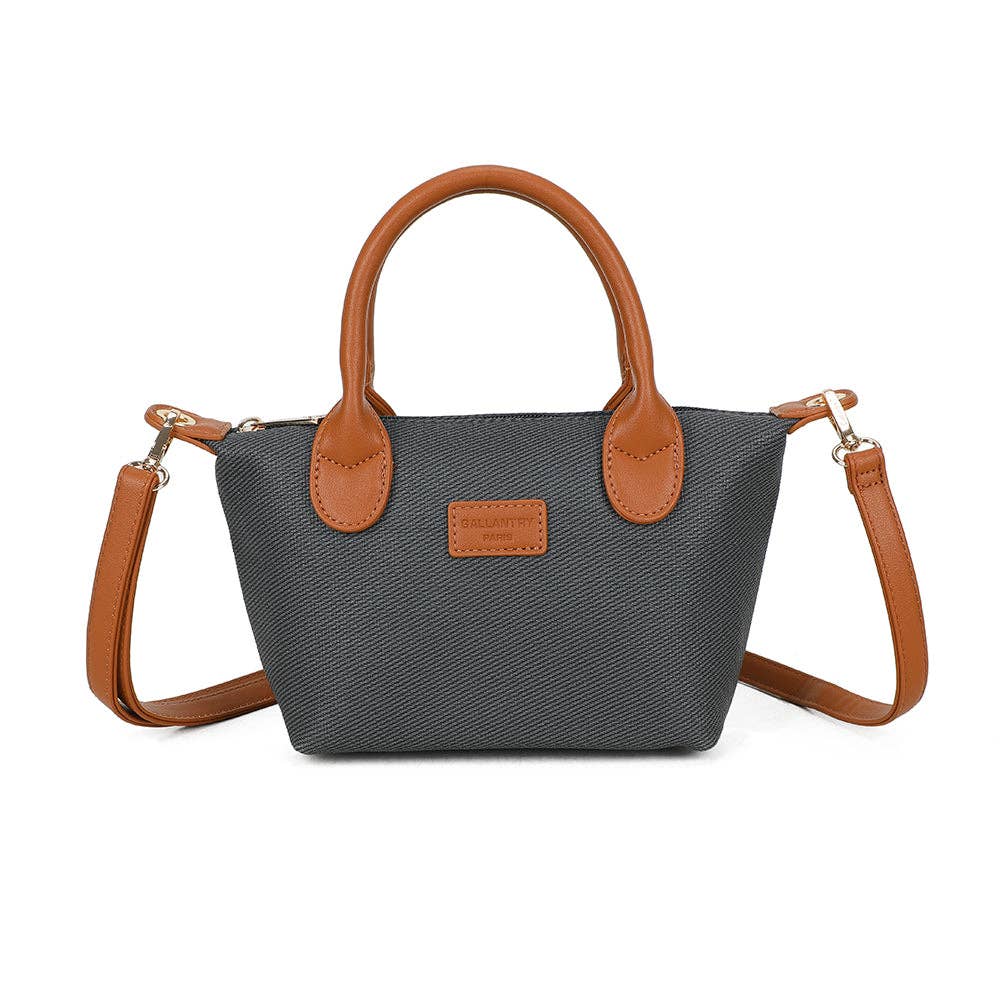 Sac à Main Le Soléa REF 153 - Mini sac cabas pour femme Gallantry en toile tissée gris foncé et finitions en similicuir marron camel avec bandoulière.