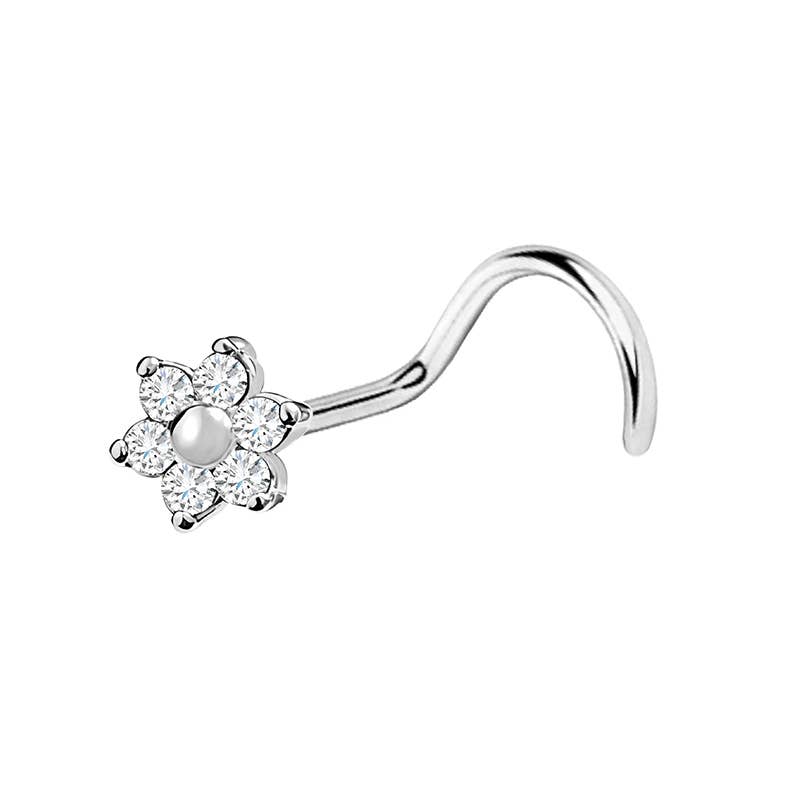 Piercing de nez en tire-bouchon argenté avec extrémité en forme de petite fleur sertie de strass brillants.