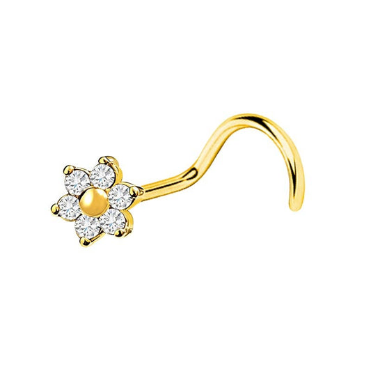 Piercing de nez courbé en acier chirurgical doré avec motif petite fleur en cristaux blancs scintillants.