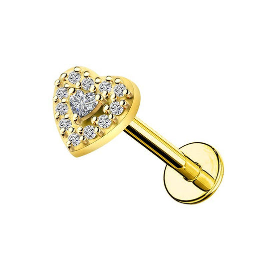 Piercing de cartilage doré pour l'oreille avec motif cœur pavé de cristaux blancs et fond plat pour le tragus et l'hélix.